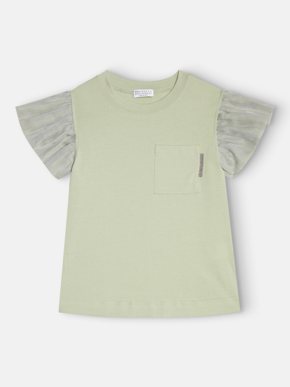 Brunello Cucinelli Girls' Light Sage Tee with Tulle Puff Sleeves